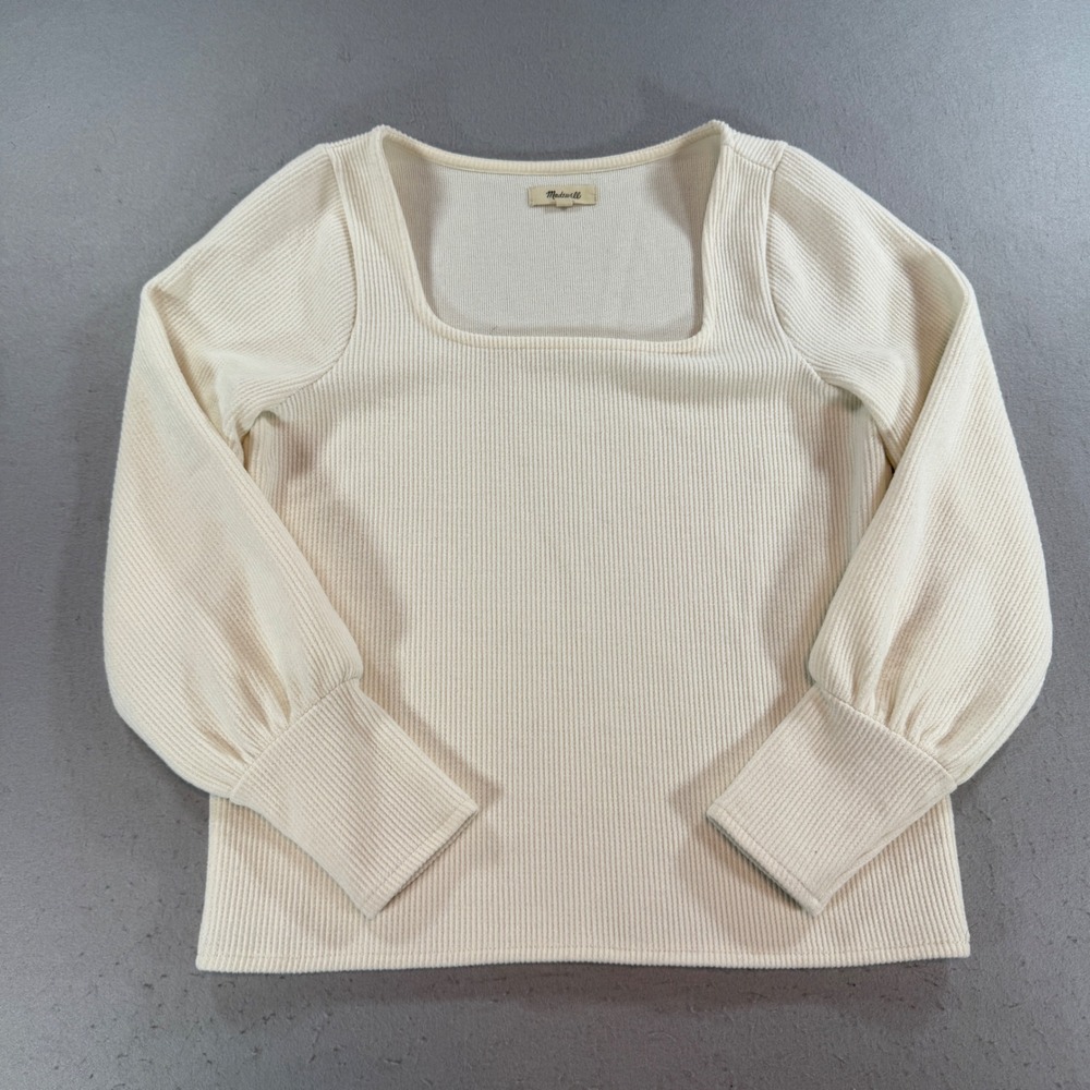 Madewell Square Neck Ribbed Puff Sleeve Top Cream Off White Small MB170